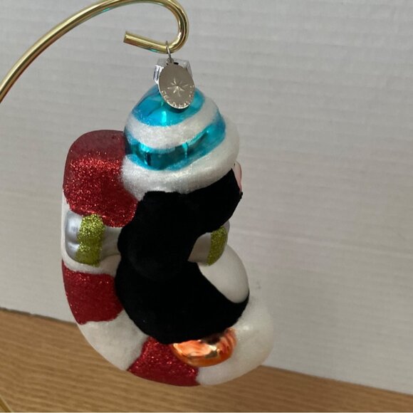 Christopher Radko Penguin Glass Christmas Ornament w Candy Cane Flocked Glitter - Picture 4 of 9
